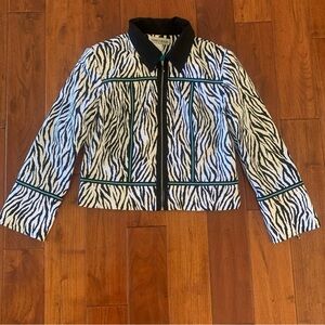 NANCY BOLEN City Girl 80s Black White Turquoise Zebra Print Zip Jacket Size 12